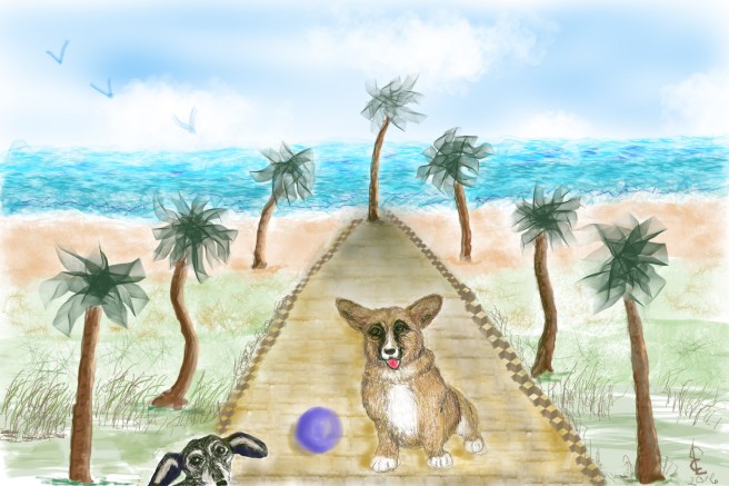 Elf and Opus with palms and beach 3